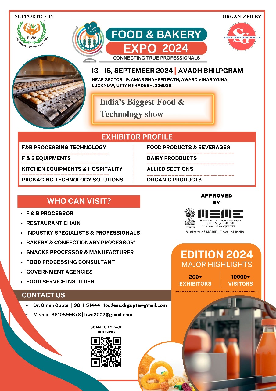 Lucknow is all about to witness India's Biggest Food & Technology show FOOD & BAKERY EXPO 2024 Organised by SGFoodees Infotech llp & supported by FIWA in September 2024